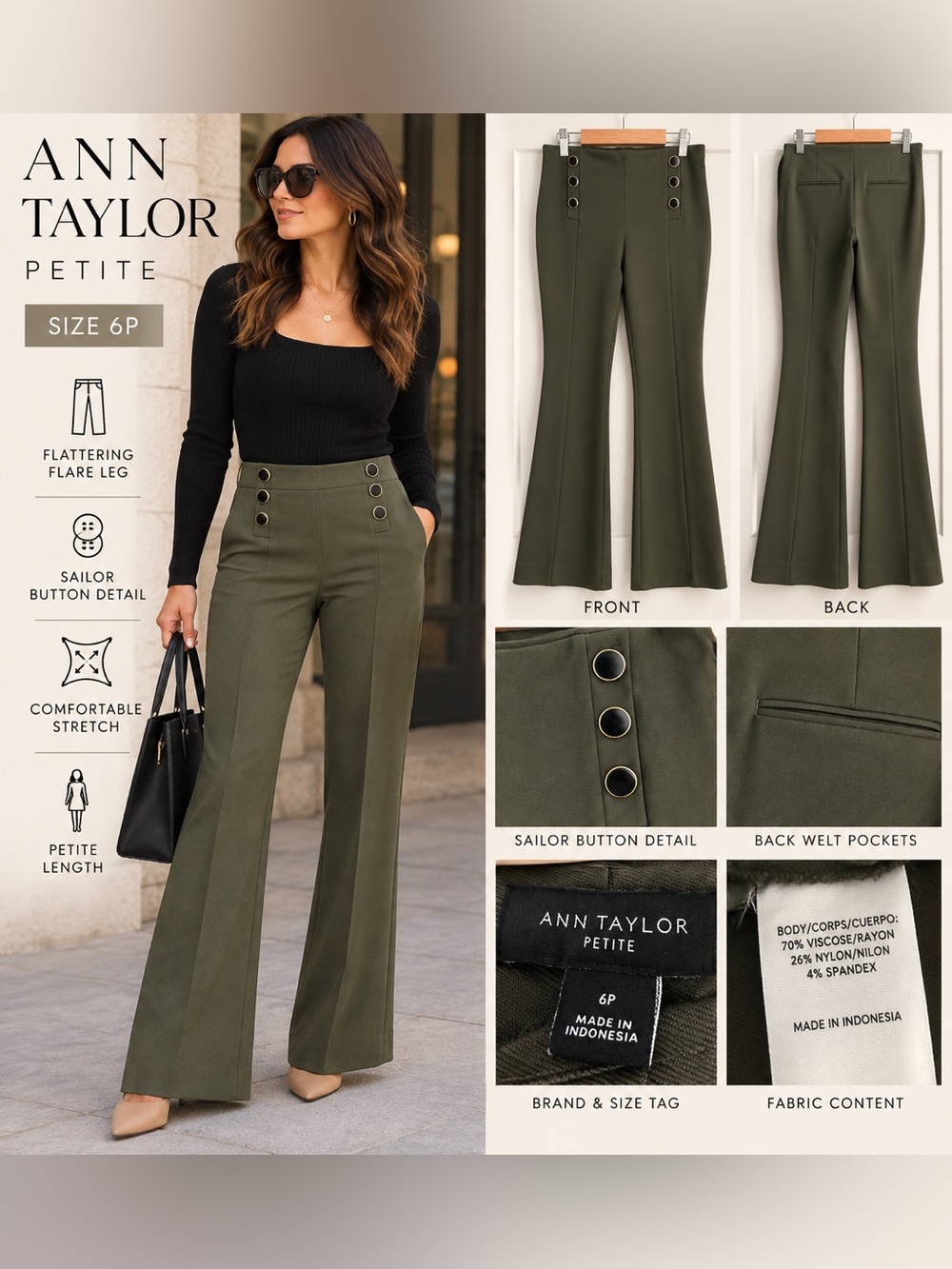 Ann Taylor Petite Olive Sailor Flare Pants Size 6P